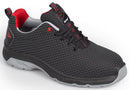 A gray safety shoe with red accents, featuring a lace-up closure and a non-metallic toe cap.