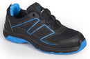 A black and blue safety shoe with a lightweight design, featuring a synthetic upper and a rubber sole.