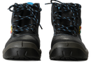 A pair of black safety shoes with blue laces and stitching, featuring a steel toecap and a synthetic upper.